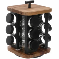 Vaisselle Et Service|COOK KEEN 12 pots à épices en verre avec support en acacia