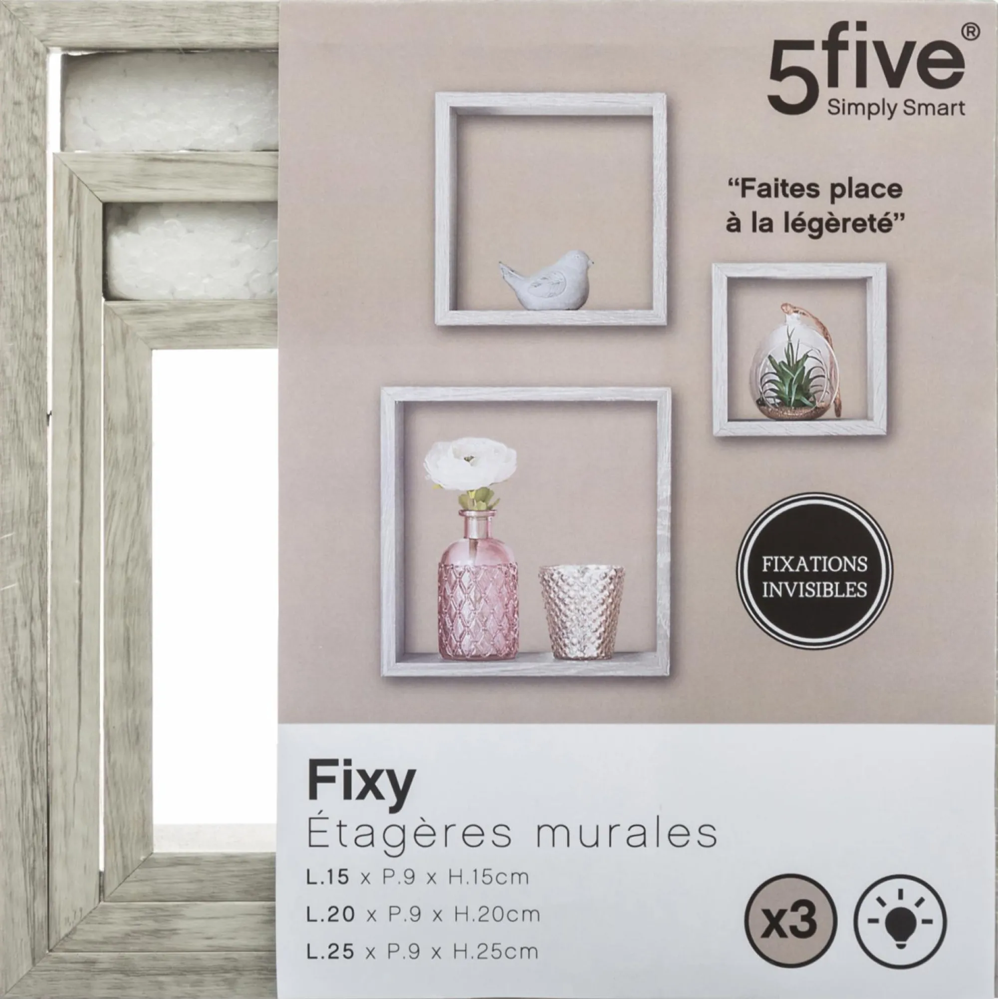 Mobilier|FIVE 3 étagères à fixer en cube grise